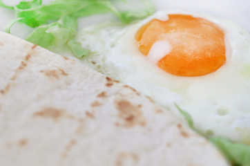 Egg omelet with tortilla bread in a plate