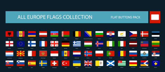 All Europe Flags round rectangle flat buttons isolated on black