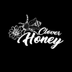 Honey Bee, Chalkboard Sketch Logo Design with Honeycomb Pattern. Vintage hand drawn isolated illustration with handcrafted white lettering.