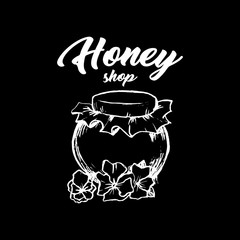 Honey Bee, Chalkboard Sketch Logo Design with Honeycomb Pattern. Vintage hand drawn isolated illustration with handcrafted white lettering.
