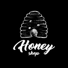 Honey Bee, Chalkboard Sketch Logo Design with Honeycomb Pattern. Vintage hand drawn isolated illustration with handcrafted white lettering.