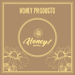 Honey Bee Poster Design with Sketch Circle Logo and Honeycomb Elements. Yellow Vintage Hand Drawn Illustration. Handcrafted Lettering.