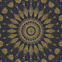 Vector black background with Luxury Gold glitter mandala glitter in ethnic style. Decorative vintage ornament.  Oriental circular golden pattern. Arabic, Islamic, moroccan, asian, indian native