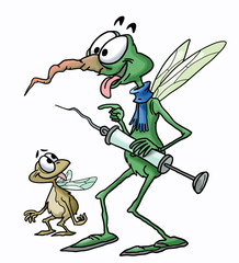 Cartoon mosquito and a fly holding a syringe in his hands vector illustration