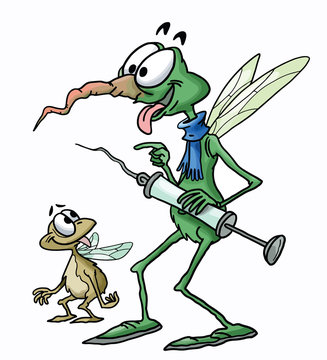 Cartoon mosquito and a fly holding a syringe in his hands vector illustration