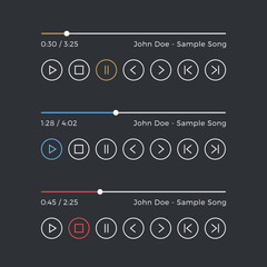 Audio player. Media player UI. Dark skin, black theme. Line icons set, interface elements. Vector icons © Jane Kelly