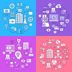 Business strategy, data security, online education, customer support line banners concepts. Flat line design. Line icons set, modern graphic elements. Vector illustration