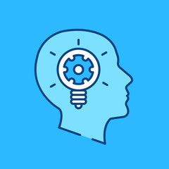 Human head with lightbulb and cog. Man face silhouette with light bulb and gear. Modern flat line design. Vector illustration