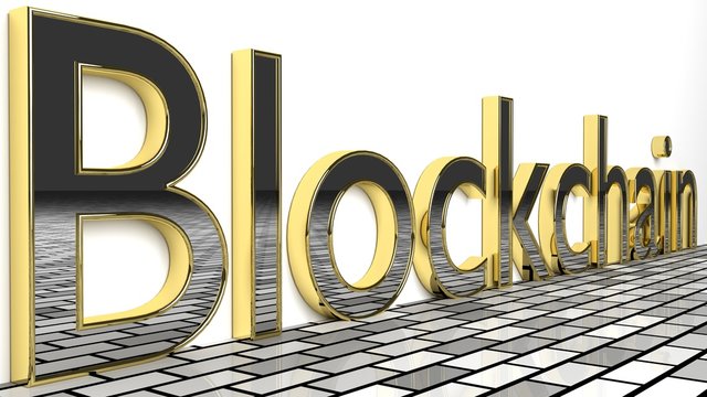 Blockchain sign in gold and glossy letters on a white background and a brick pattern floor for an interesting header for IT concept with copy space. 3d Rendering - Illustration