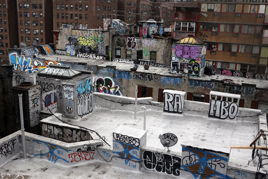 New York City, NY - March 07 2017: Chinatown roofs view seeing from the Manhattan bridge in Manhattan, New York