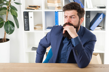 Man bearded businessman thoughtful face solving problem making decision. Mental process of choosing from set of alternatives. Hard decision. Business decision. Decision making is part of management