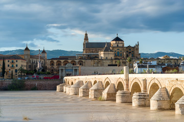 General view of the Roman bridge of Cordoba on the Guadalquivir with the Mezquita-Catedral de Fondo, Spain - 251082243