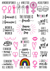 hand drawn feminist signs and quotes, vector set