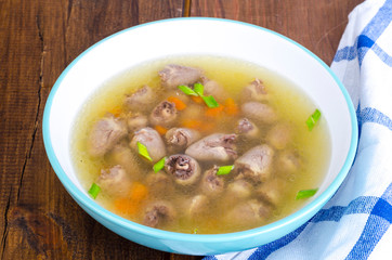 Transparent broth with chicken liver