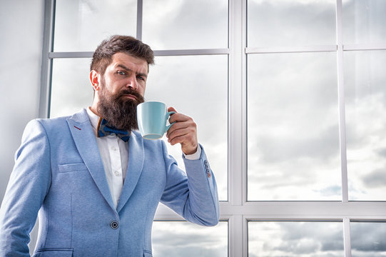 But First Coffee. Man Groom Drinking Coffee Early In Morning. Beginning Of Great Day. Important Day In His Life. Get Ready. Enjoy Every Minute. Hipster In Tuxedo With Bow Tie Making Sip Of Coffee