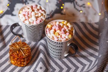 marshmallow hot drink in the cold season. home made hot chocolate with marshmallow