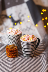 marshmallow hot drink in the cold season. home made hot chocolate with marshmallow