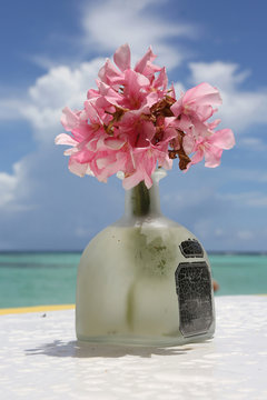 Flowers in a tequila bottle decorates a table on the island of Anegada in the British Virgin Islands