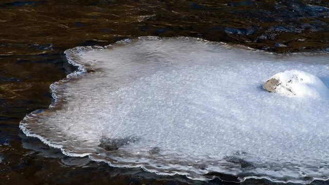 Ice patch on a river flowing from under Skogafoss waterfall in Iceland in winter