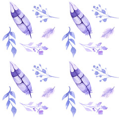 Seamless pattern with plant elements of flowers, leaves, branches and feathers. Spring and tenderness.