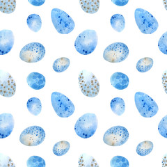 Seamless pattern. Easter eggs, blue watercolor eggs, background white speckled.