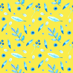 Watercolor pattern with watercolor sprigs, leaves and flowers on a colored background.