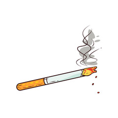 Vintage cigarette with smoke, fire isolated on background. Tobacco. Narcotic problem concept. Vector flat design