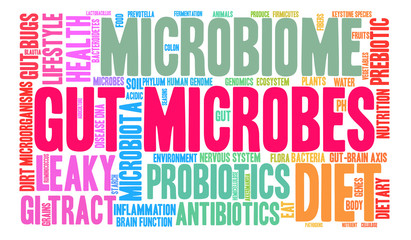 Gut Microbes Word Cloud on a white background. 