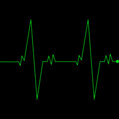 Cardio monitoring system isolated on black background. Heart pulse, signal. Heartbeat, electrocardiogram line. Cardiology medical chart. Vector flat illustration.