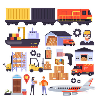 Delivery logistic distribution carrying stacking loading industry business  service concept. Vector design graphic isolated flat icon illustration set