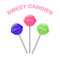 Lollipop icon isolated on background. Bright caramel with stick. Sweet candy. Childhood concept. Vector flat design