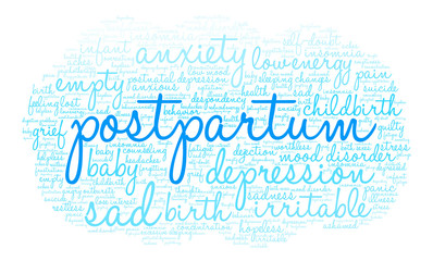 Postpartum Word Cloud on a white background. 