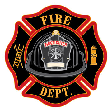 Fire Department Cross Black Helmet is an illustration of a fireman or firefighter Maltese cross emblem with a black firefighter helmet and badge containing an empty space for your text.