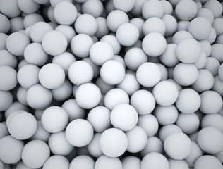 Group of golf balls in a big pile close up 3d illustration