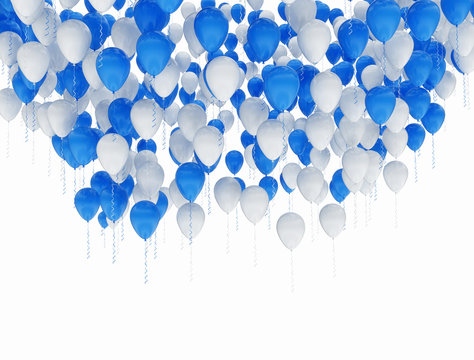 Celebration background with blue and white balloons, isolated on white background