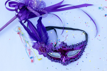 Fototapeta premium Carnival mask on white background. Top view.