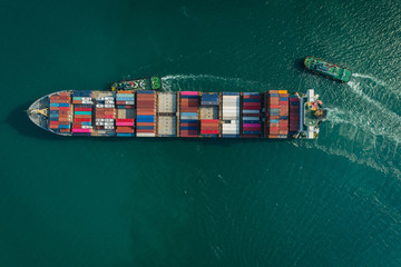 Aerial view container ship to sea port loading container for import export or transportation....