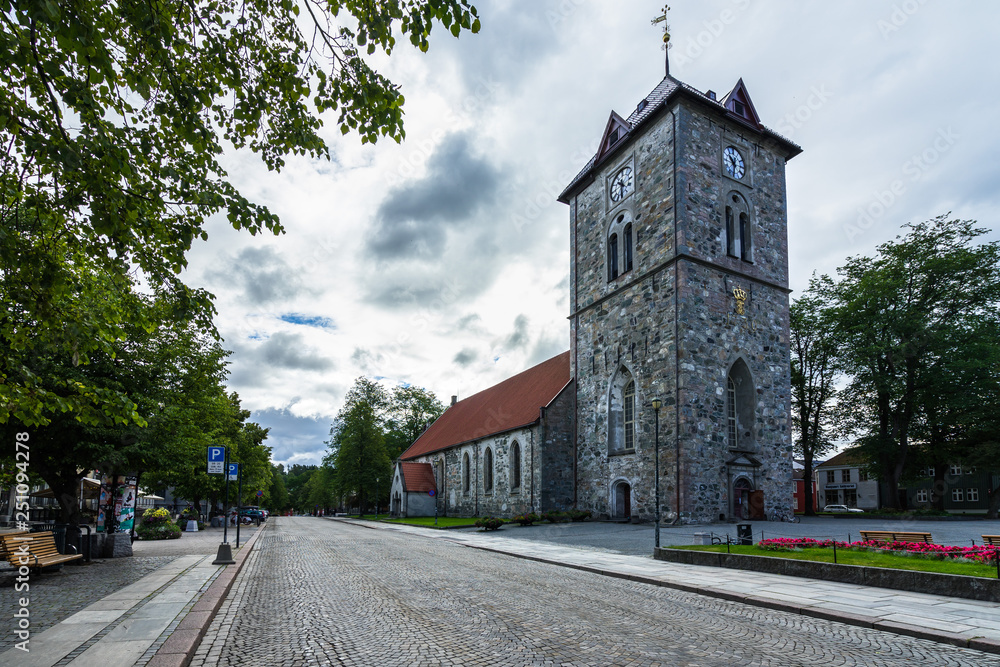 Wall mural bell tower of var frue kirke (our lady's lutheran church) in trondheim city center, norway