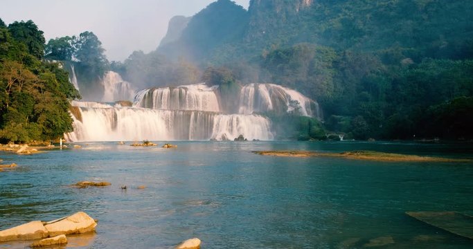 Beautiful waterfall rainbow. Ban Gioc waterfall or Detian waterfall is a collective name for two waterfalls in border Cao Bang, Vietnam and Daxin County, China. Amazing landscape in Vietnam and China