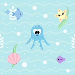 Marine seamless pattern with cute baby sea animals. Ocean background with smiling baby octopus, starfish, seashell, fishes, bubbles. Children's room wallpaper, wrapping paper. Vector Illustration.