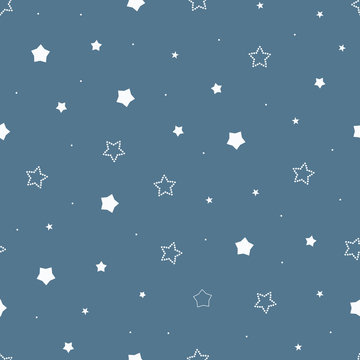 Cute seamless vintage blue pattern with cartoon outlined and dotted stars and dots. Children's bedroom, baby nursery wallpaper. Gift wrapping paper. Vector Illustration.
