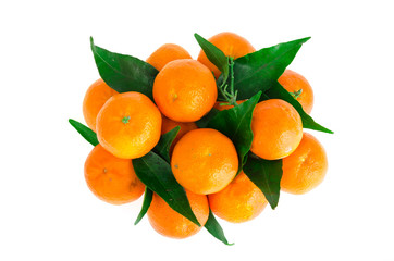 Bunch of fresh tangerines with leaves isolated on white background