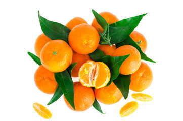 Bunch of fresh tangerines with leaves isolated on white background
