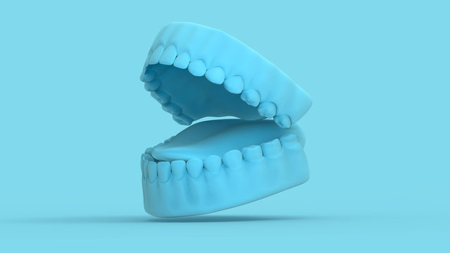 Tooth and gum 3d mold open on pastel blue template BG