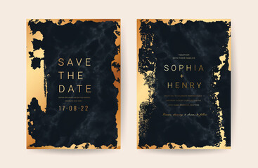 Marble wedding invitation cards with indigo and gold texture background - vector. - obrazy, fototapety, plakaty