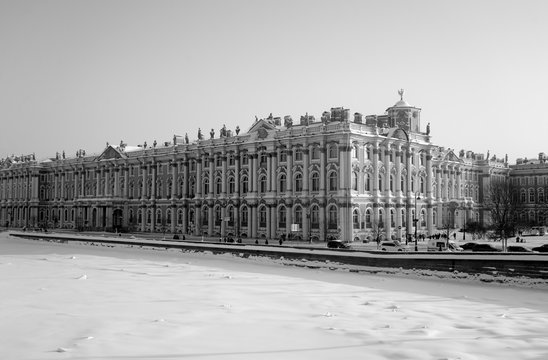 Winter Palace and Neva River at winter.