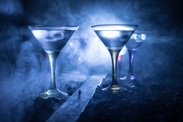 Selection of alcoholic drinks on rustic wood background. Creative artwork decoration