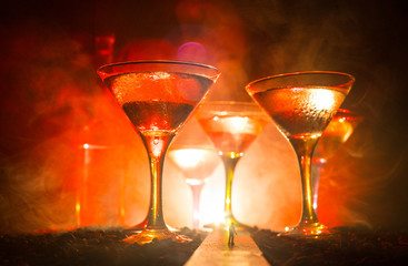 Selection of alcoholic drinks on rustic wood background. Creative artwork decoration