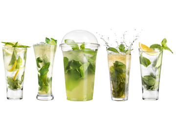 Mojito cocktail with mint and lime. Set of mojito on a white background.
