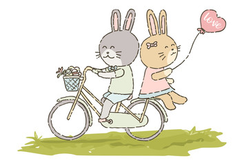 Cute rabbit riding bicycle with his girlfriend, Vector Illustration